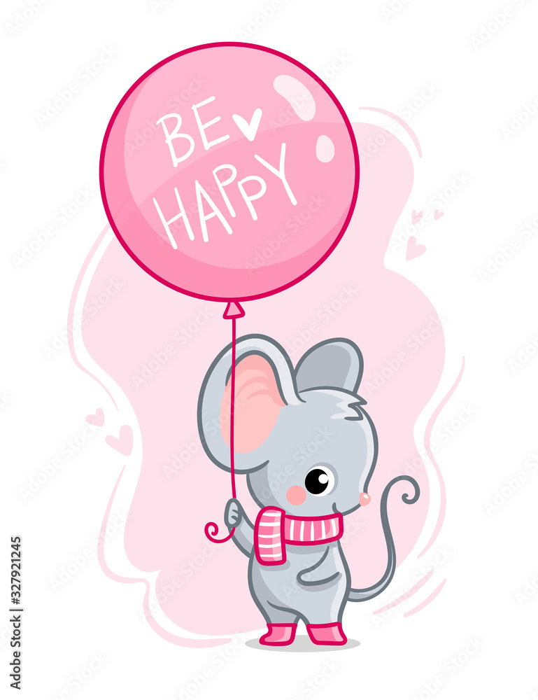 带着气球和铭文的可爱老鼠很开心。矢量插图