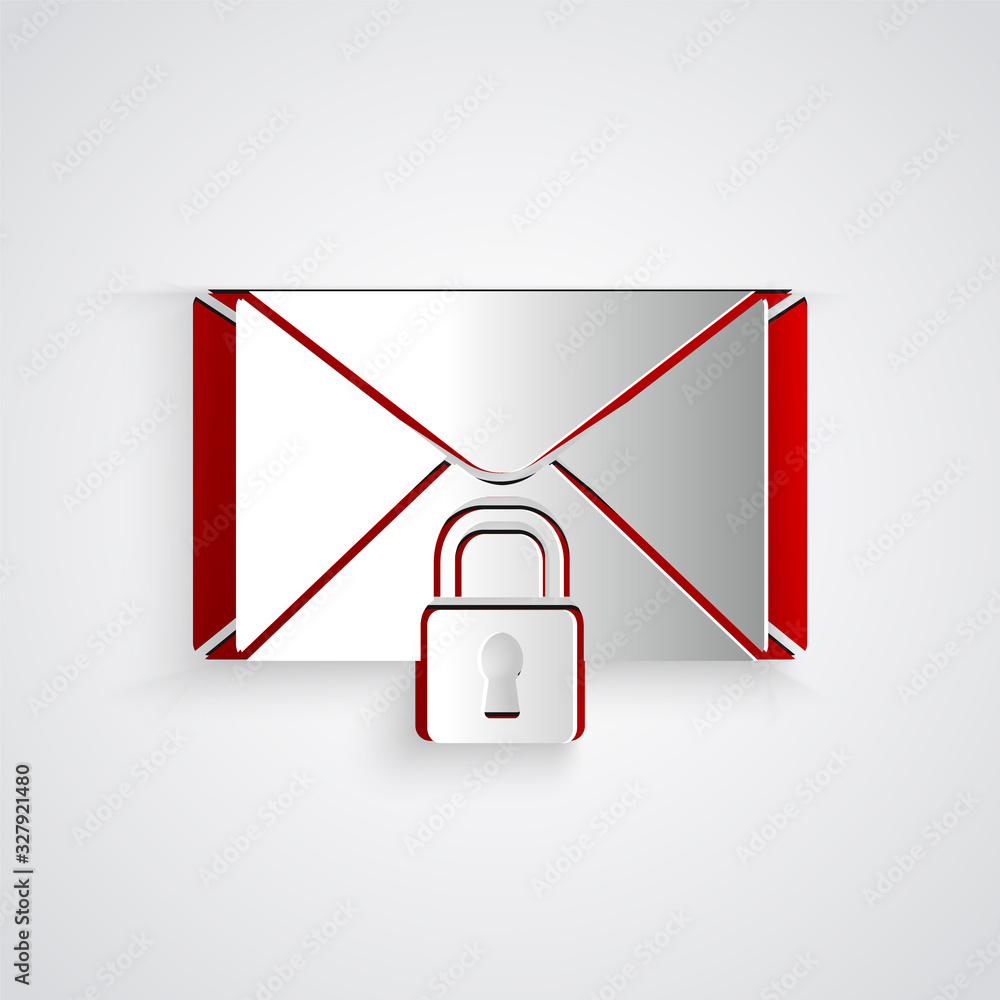 灰色背景上隔离的剪纸邮件邮件锁定密码图标。带挂锁的信封。私人