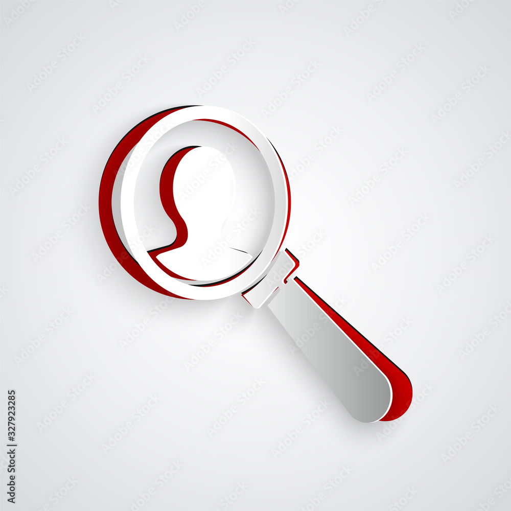 Paper cut Magnifying glass for search a people icon isolated on grey background. Recruitment or sele