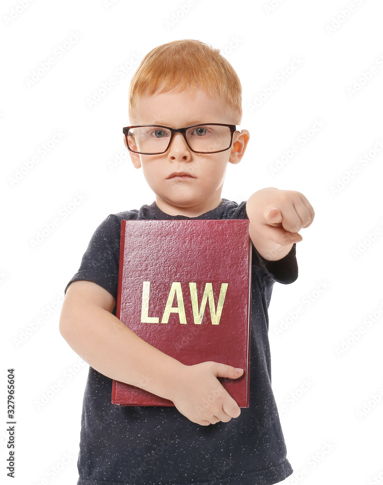 可爱的小男孩，拿着法律书在白色背景下指着观众