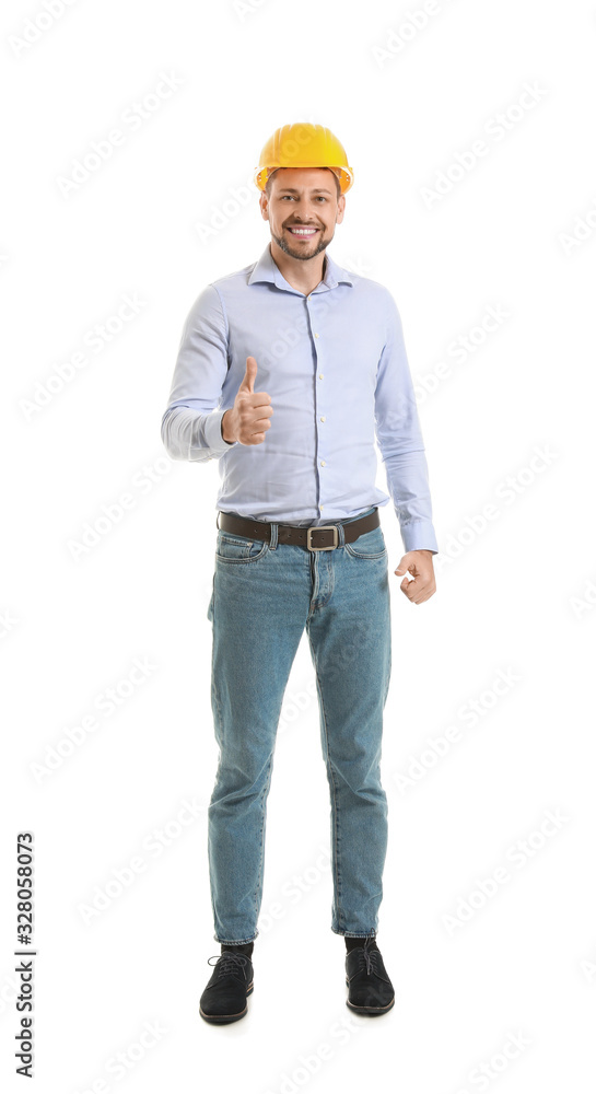 Male engineer showing thumb-up gesture on white background
