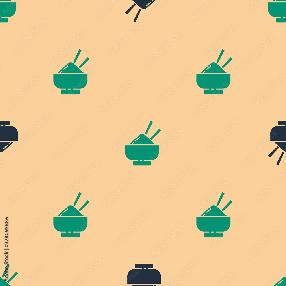 绿色和黑色的碗里米饭，米色背景上有筷子图标隔离无缝图案。Tr