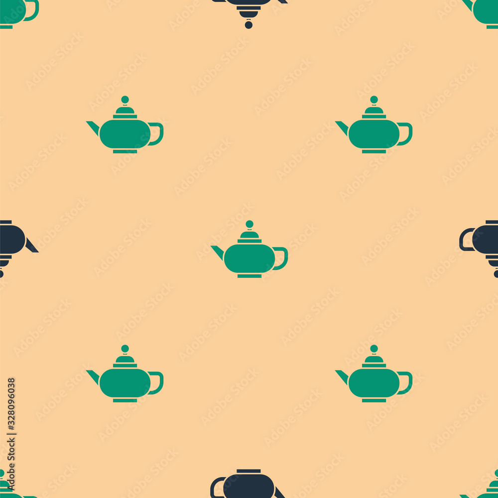 米色背景上的绿色和黑色中国传统茶道图标隔离无缝图案。