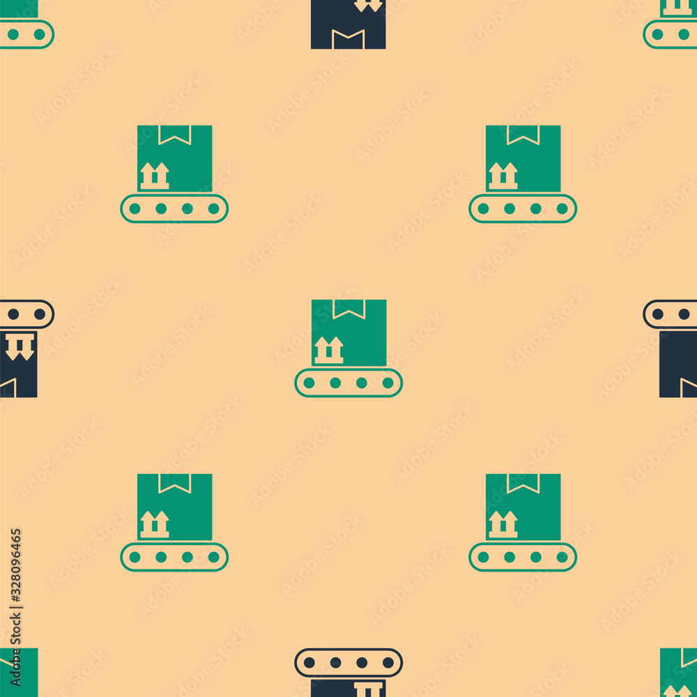 Green and black Conveyor belt with cardboard box icon isolated seamless pattern on beige background.
