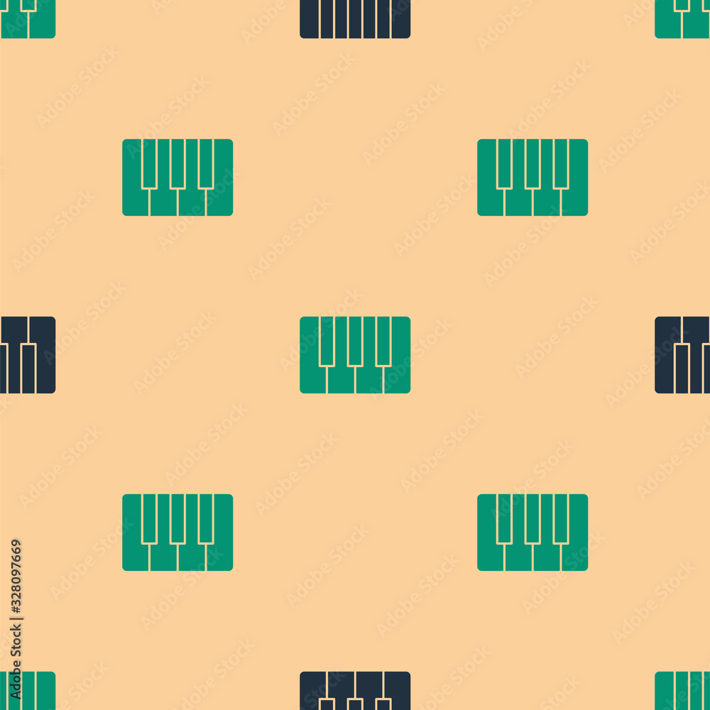 米色背景上的绿色和黑色音乐合成器图标隔离无缝图案。电子pia