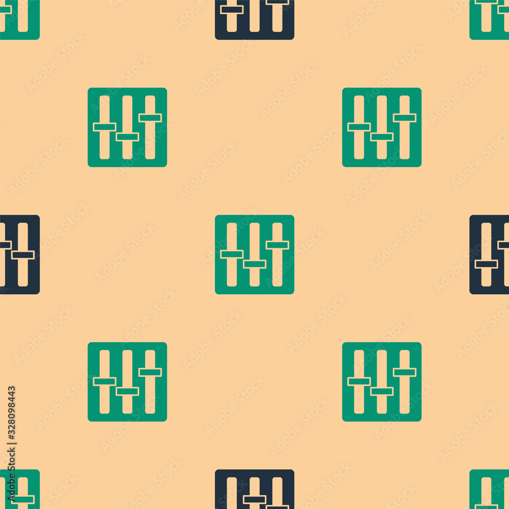 Green and black Sound mixer controller icon isolated seamless pattern on beige background. Dj equipm