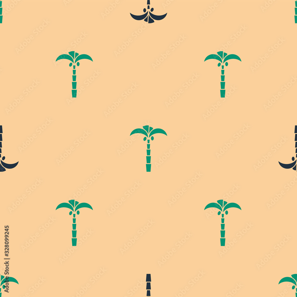 米色背景上的绿色和黑色热带棕榈树图标隔离无缝图案。椰子棕榈