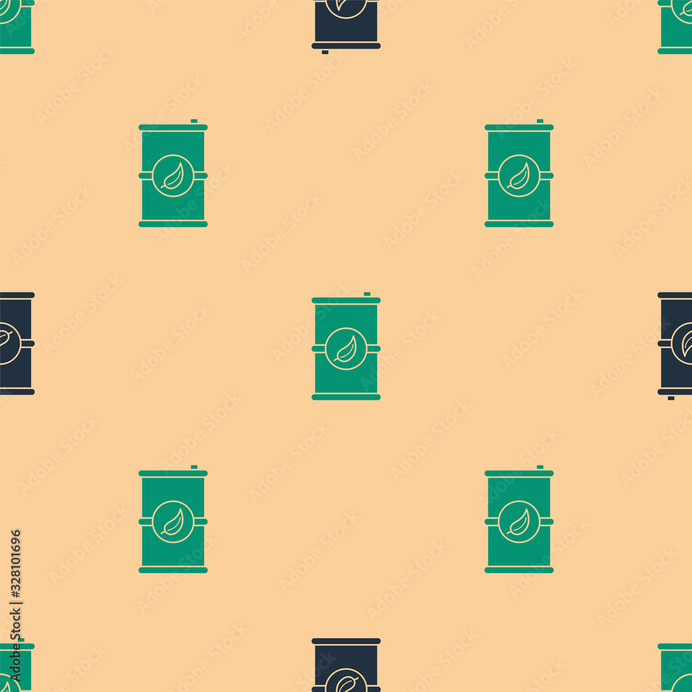 Green and black Bio fuel barrel icon isolated seamless pattern on beige background. Eco bio and cani