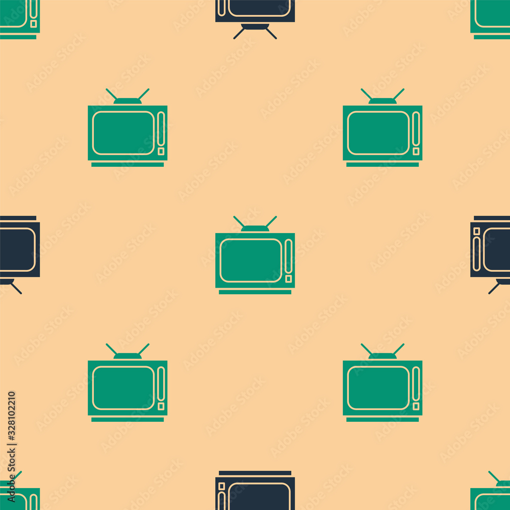 米色背景上的绿色和黑色复古电视图标隔离无缝图案。电视标志。矢量