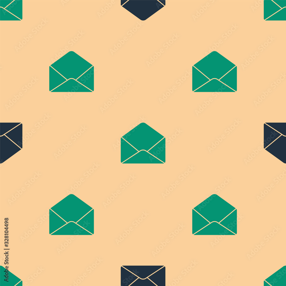 Green and black Envelope icon isolated seamless pattern on beige background. Email message letter sy