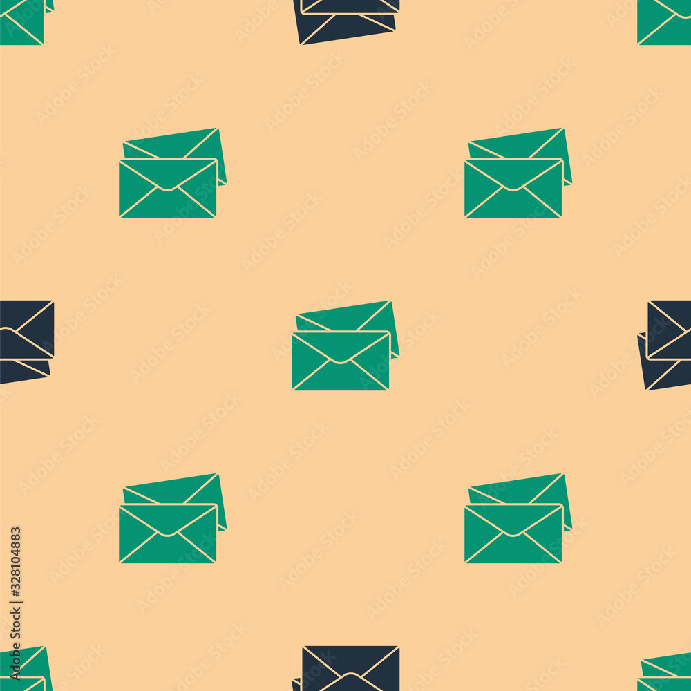 米色背景上的绿色和黑色信封图标隔离无缝图案。电子邮件字母sy