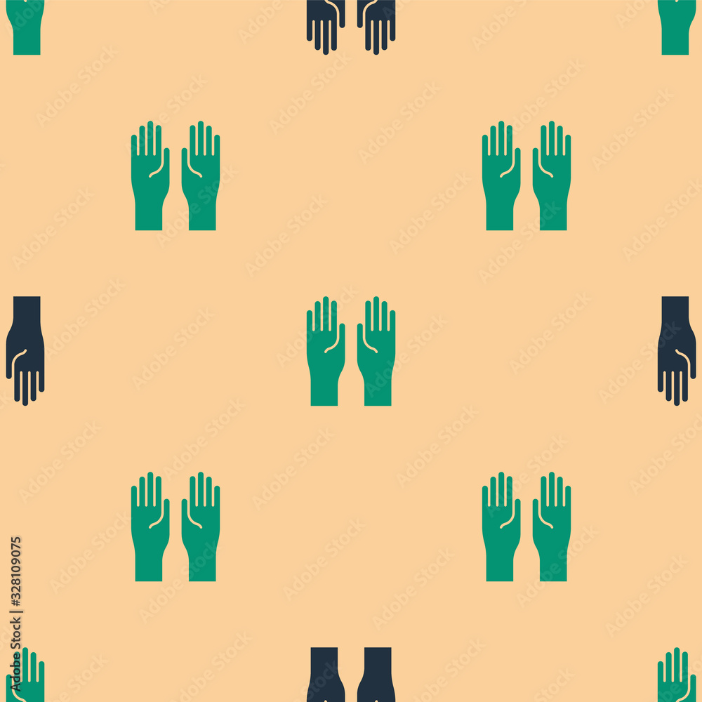 Green and black Rubber gloves icon isolated seamless pattern on beige background. Latex hand protect