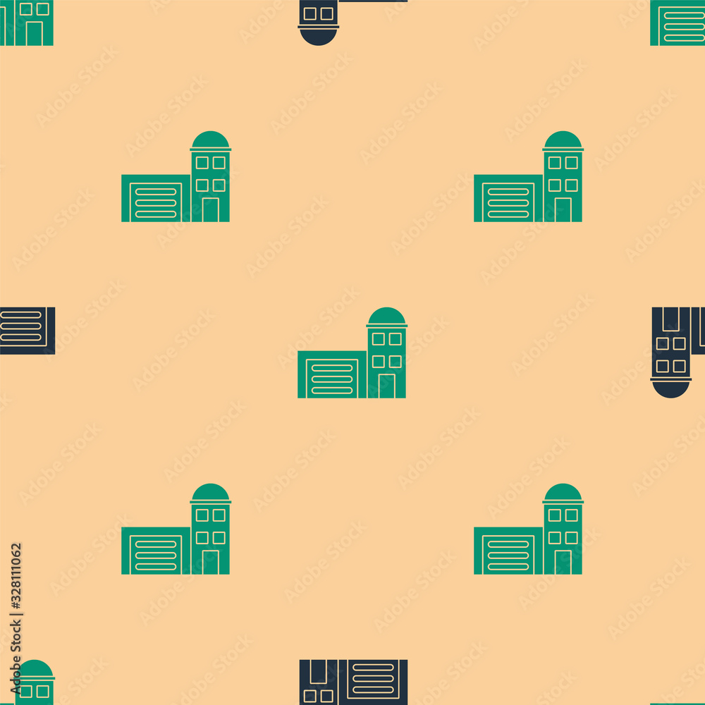 Green and black Building of fire station icon isolated seamless pattern on beige background. Fire de