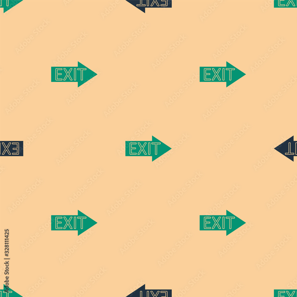 Green and black Fire exit icon isolated seamless pattern on beige background. Fire emergency icon. V