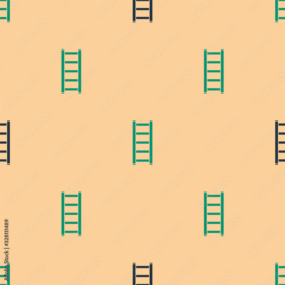 Green and black Fire escape icon isolated seamless pattern on beige background. Pompier ladder. Fire