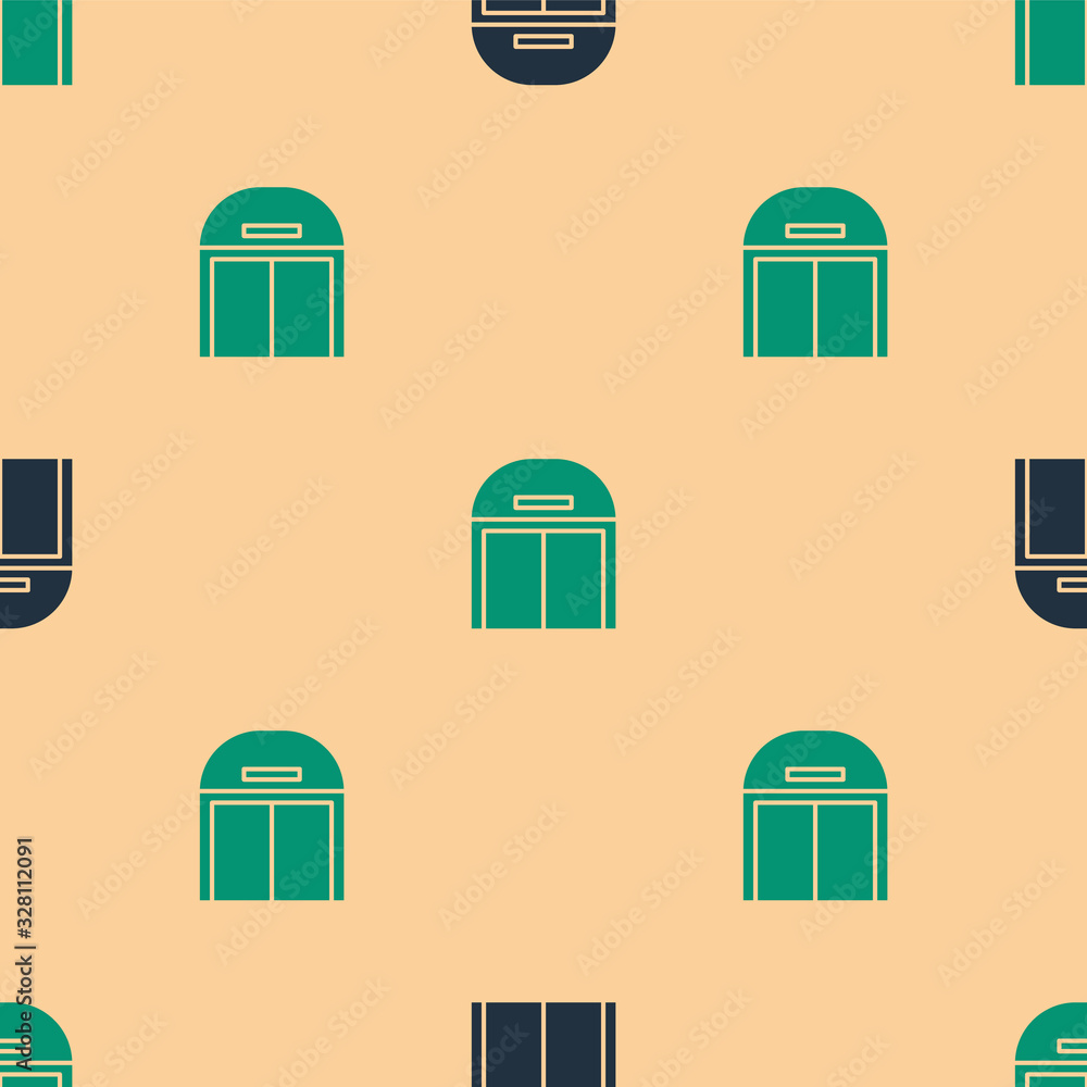 Green and black Aircraft hangar icon isolated seamless pattern on beige background. Vector Illustrat