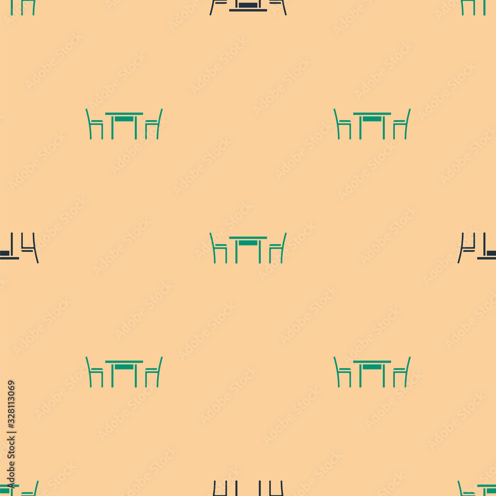 绿色和黑色木桌，米色背景上有椅子图标隔离无缝图案。矢量I