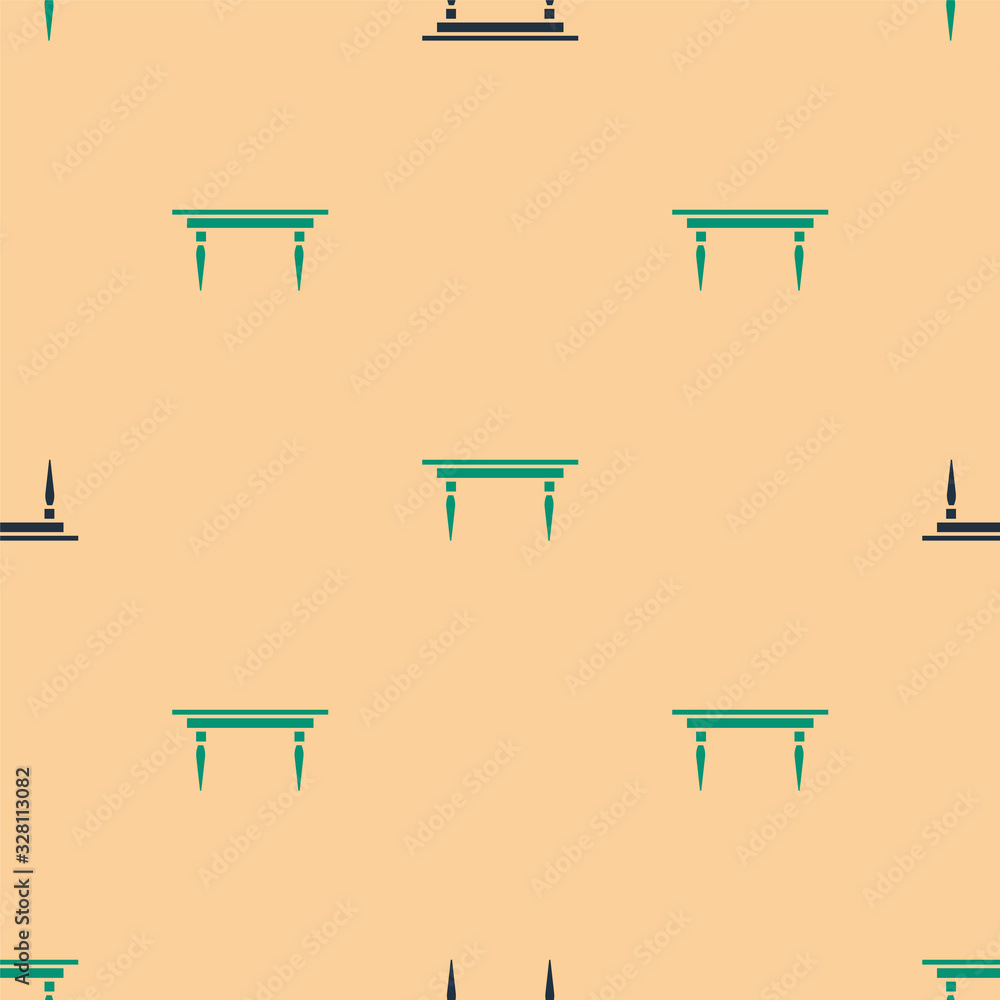 Green and black Wooden table icon isolated seamless pattern on beige background. Vector Illustration
