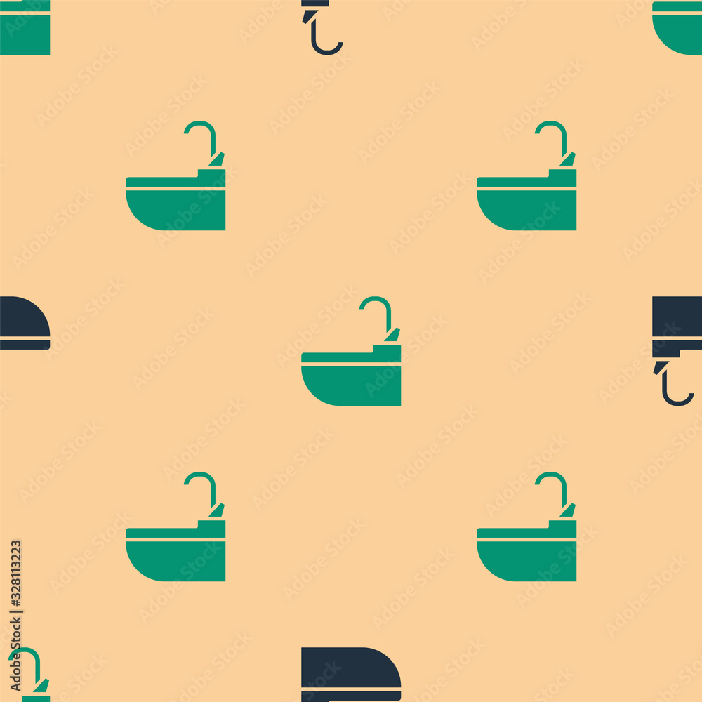 Green and black Washbasin with water tap icon isolated seamless pattern on beige background. Vector 