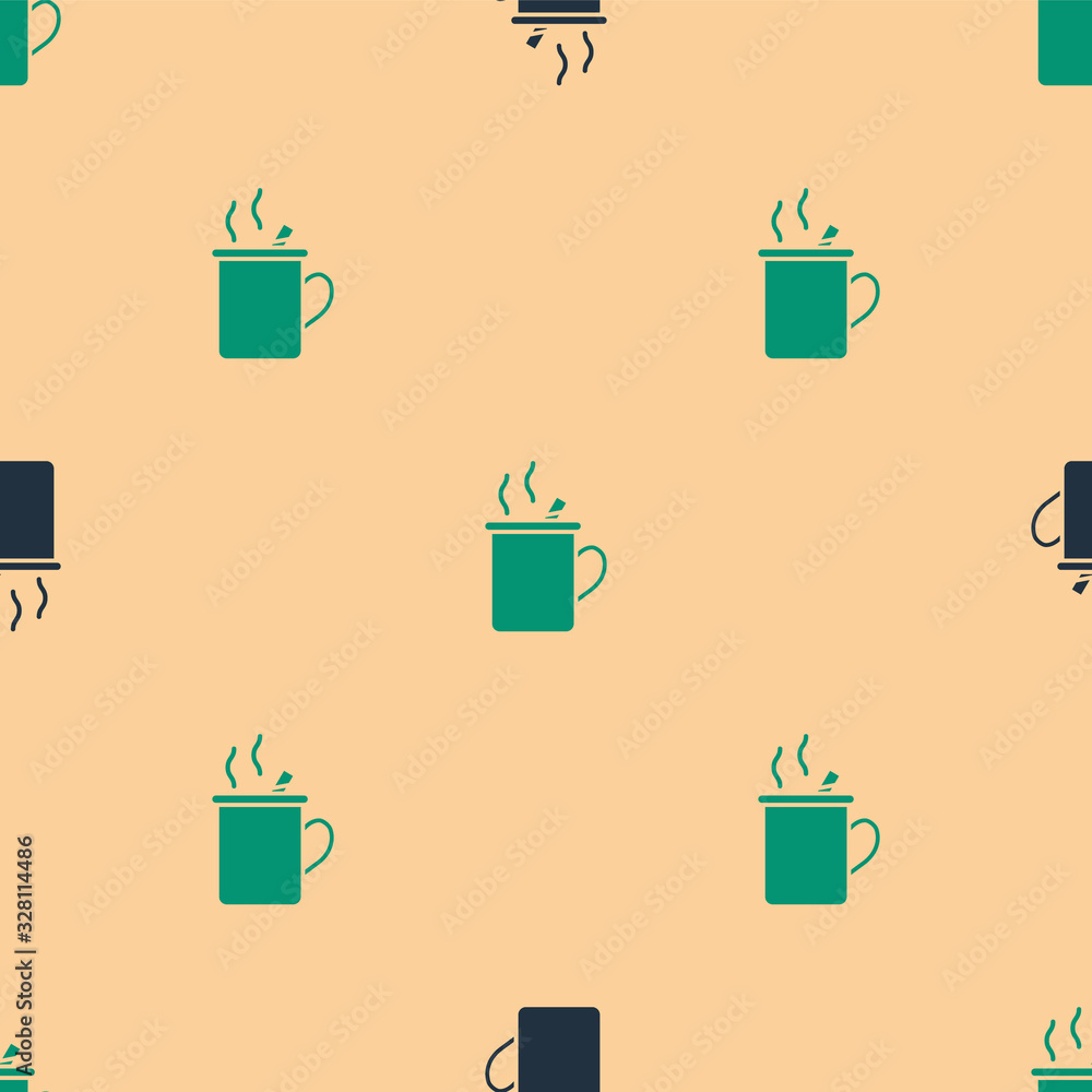 Green and black Mulled wine with glass of drink and ingredients icon isolated seamless pattern on be