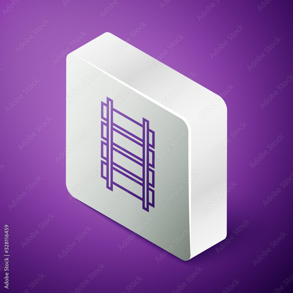 Isometric line Railway, railroad track icon isolated on purple background. Silver square button. Vec