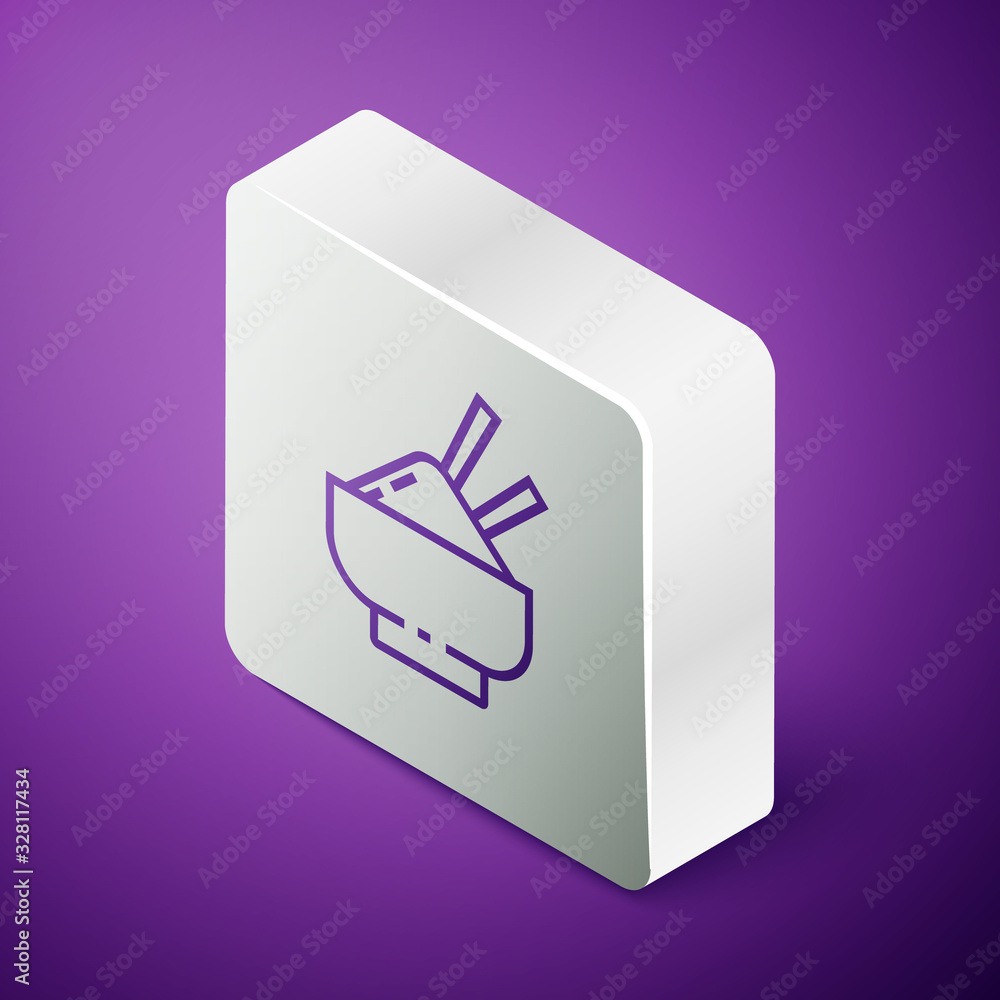 Isometric line Rice in a bowl with chopstick icon isolated on purple background. Traditional Asian f