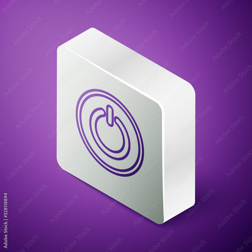 Isometric line Power button icon isolated on purple background. Start sign. Silver square button. Ve
