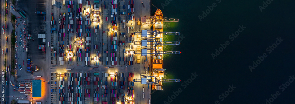 Container ship loading and unloading in deep sea port, Aerial view of business logistic import and e
