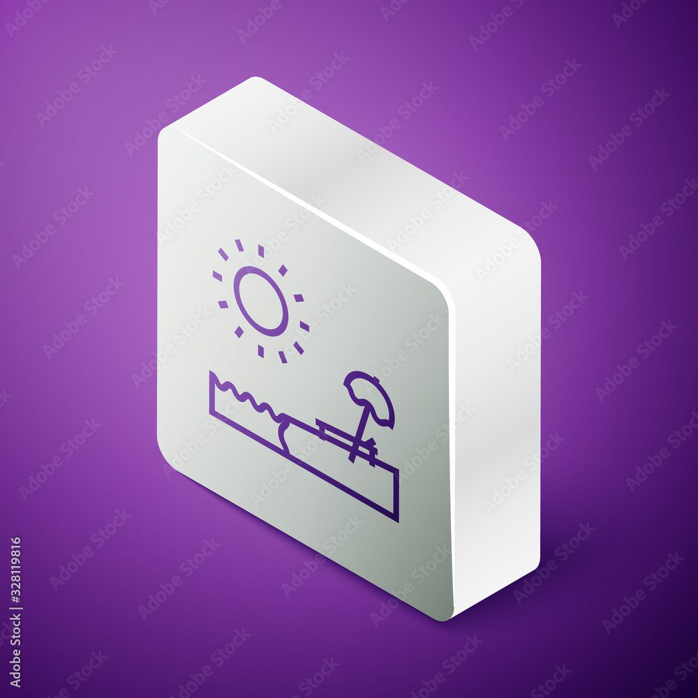 Isometric line Beach with umbrella and chair icon isolated on purple background. Tropical beach land