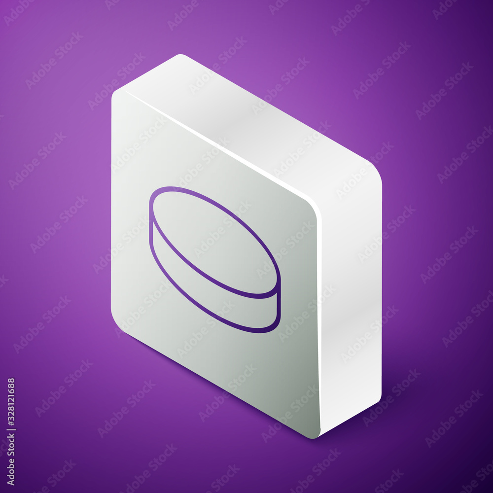 Isometric line Hockey puck icon isolated on purple background. Silver square button. Vector Illustra