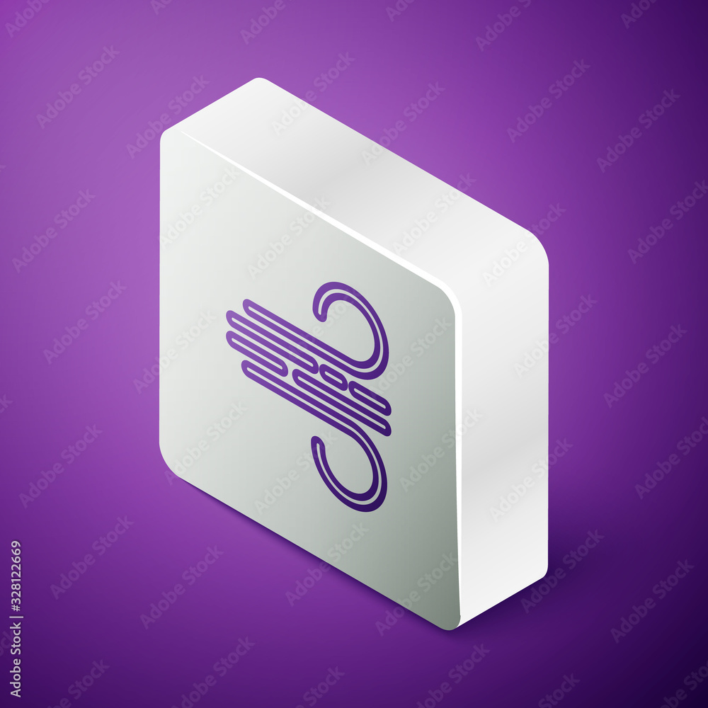 Isometric line Wind icon isolated on purple background. Windy weather. Silver square button. Vector 