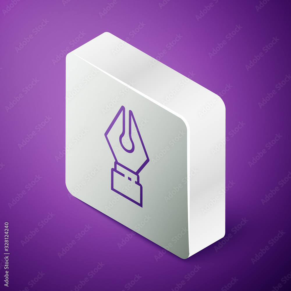 Isometric line Fountain pen nib icon isolated on purple background. Pen tool sign. Silver square but