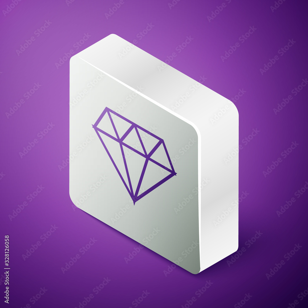 等距线紫色背景上的钻石图标。珠宝符号。宝石。银色正方形