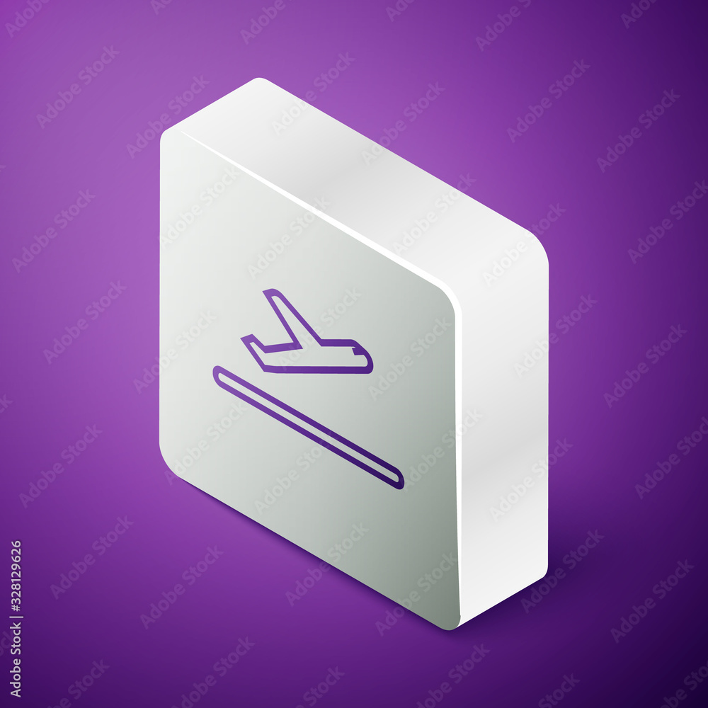 等距线紫色背景上隔离的飞机起飞图标。飞机运输符号。银色s