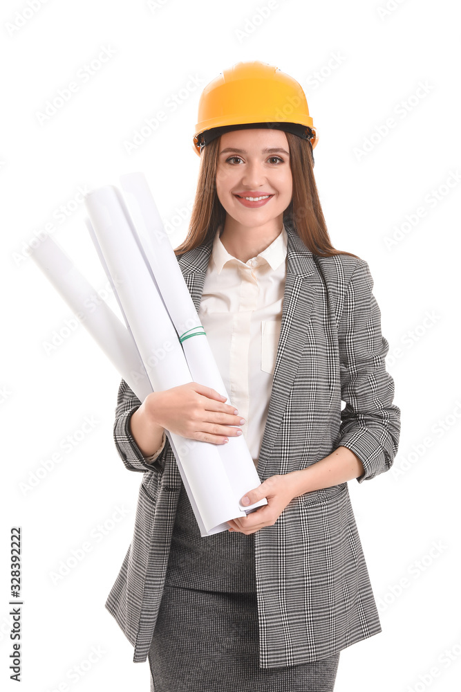 Female engineer with drawings on white background