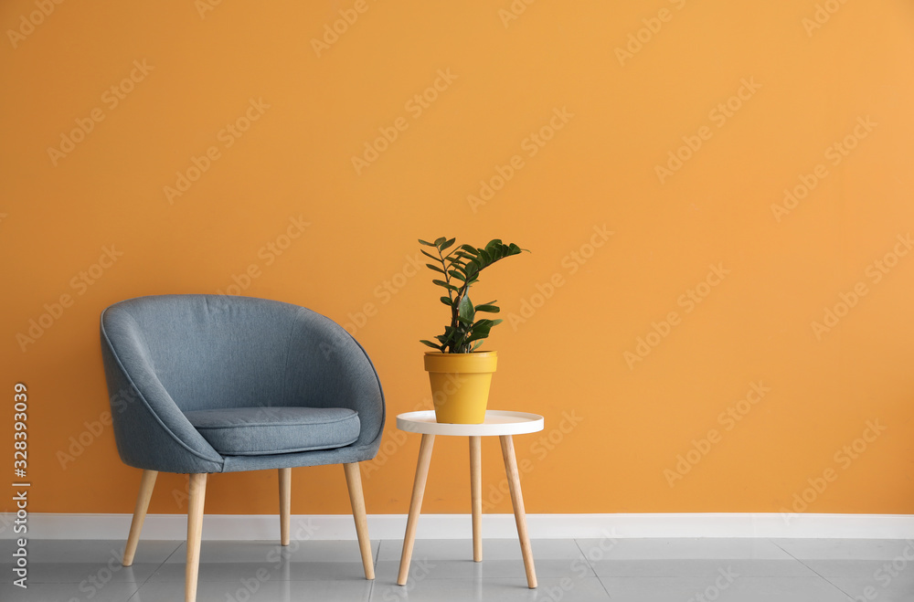 舒适的扶手椅和桌子，靠近彩色墙的室内植物