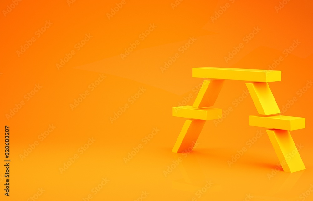 Yellow Picnic table with benches on either side of the table icon isolated on orange background. Min