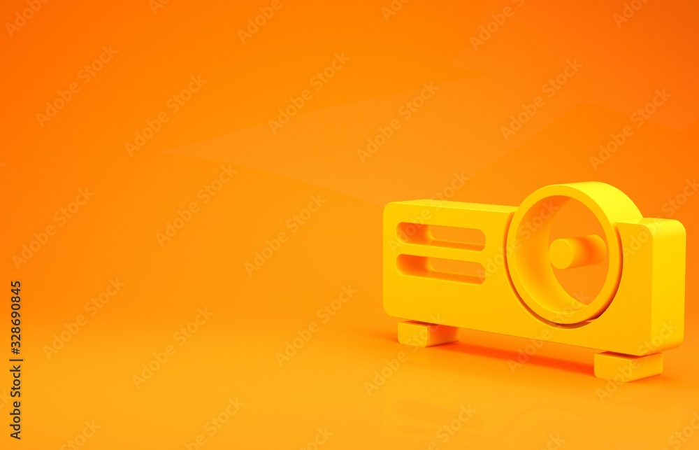 Yellow Presentation, movie, film, media projector icon isolated on orange background. Minimalism con