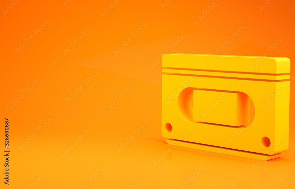 黄色VHS盒式磁带图标隔离在橙色背景上。极简主义概念。3d插图