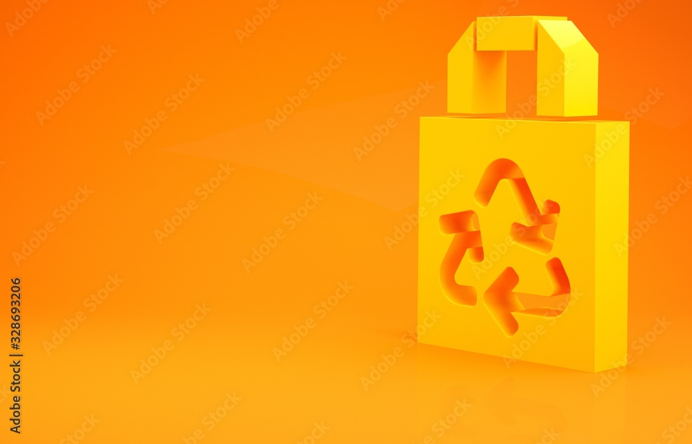 Yellow Paper shopping bag with recycle icon isolated on orange background. Bag with recycling symbol