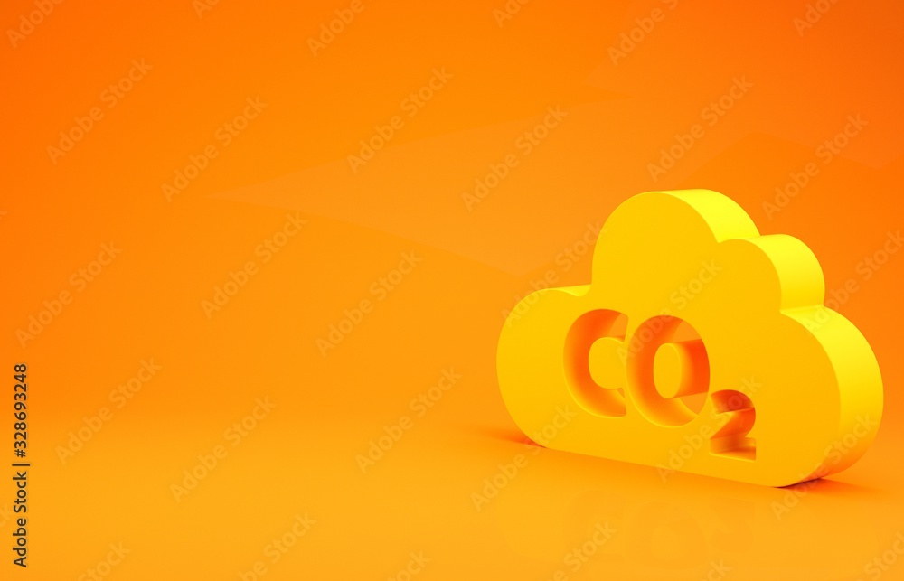 Yellow CO2 emissions in cloud icon isolated on orange background. Carbon dioxide formula, smog pollu