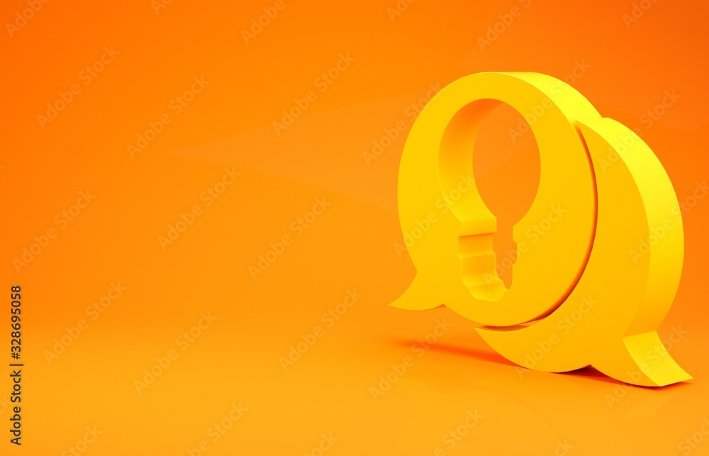 黄色演讲气泡和灯泡，橙色背景上隔离了创意图标的概念。能量