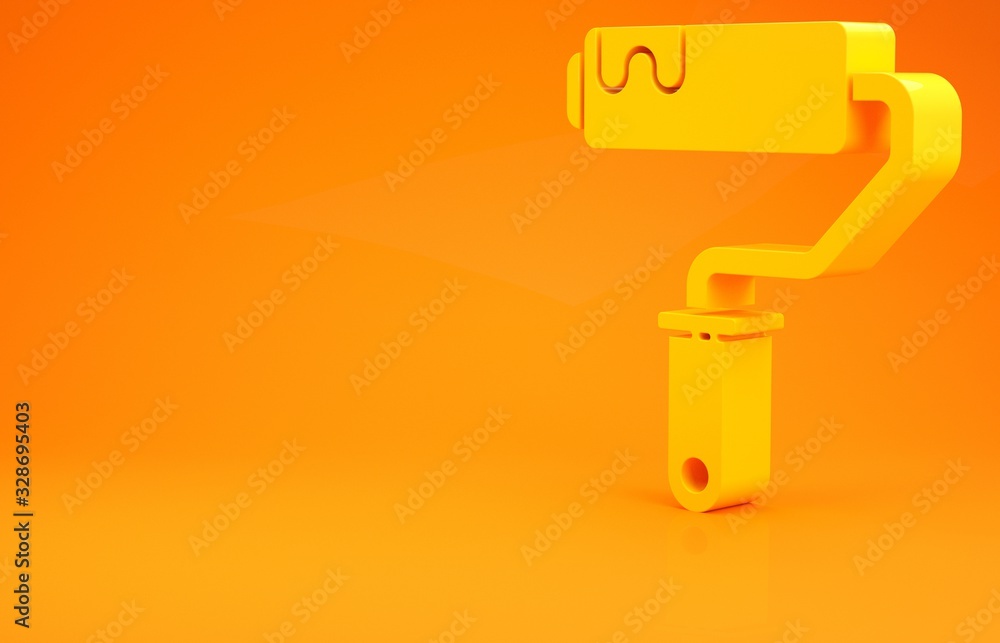 黄色油漆滚筒刷图标隔离在橙色背景上。极简主义概念。3d插图