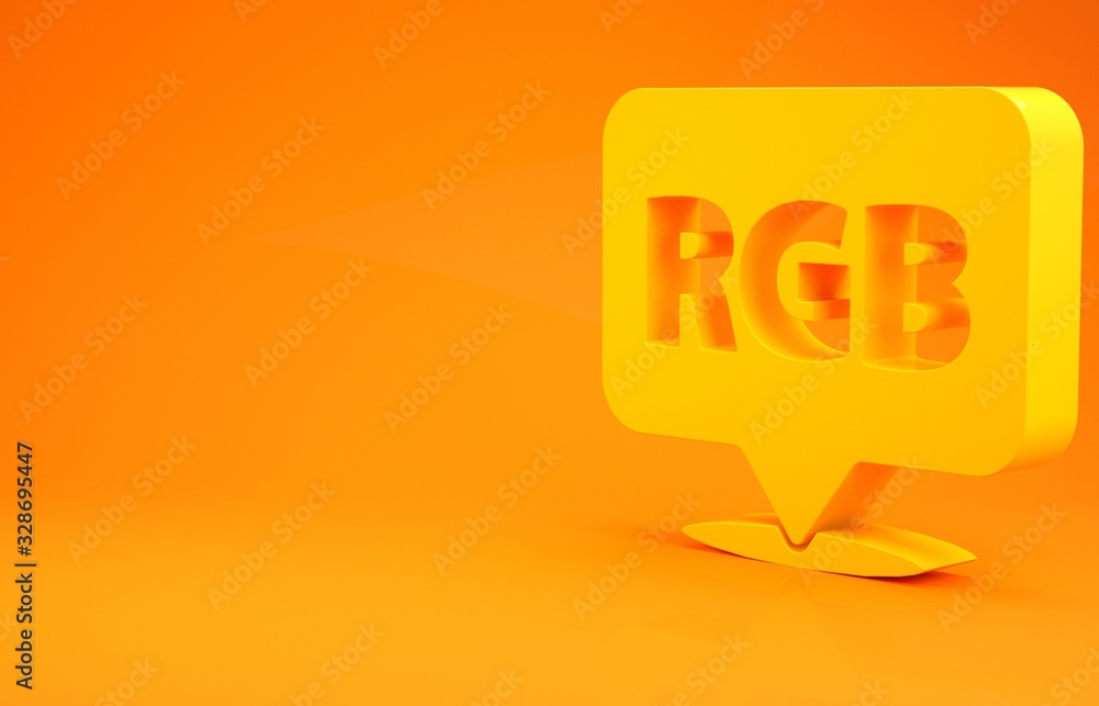 黄色语音气泡，RGB和CMYK颜色混合图标隔离在橙色背景上。极简主义c