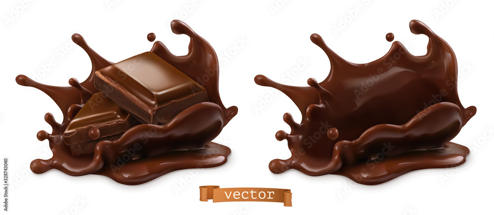 一块巧克力和巧克力飞溅物。三维矢量逼真的食物对象