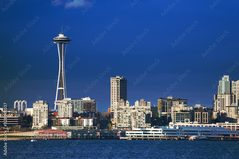 Seattle downtown waterfront view with space needle tower and embarkment, Washington, USA