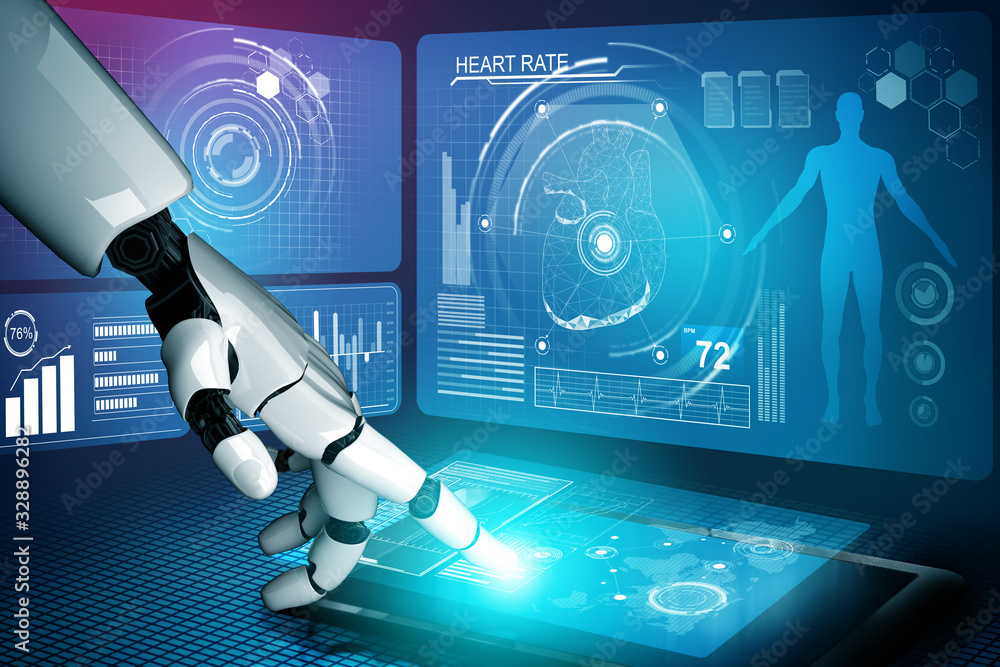 3D渲染医疗人工智能机器人在未来医院工作。未来假肢