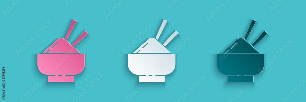 Paper cut Rice in a bowl with chopstick icon isolated on blue background. Traditional Asian food. Pa