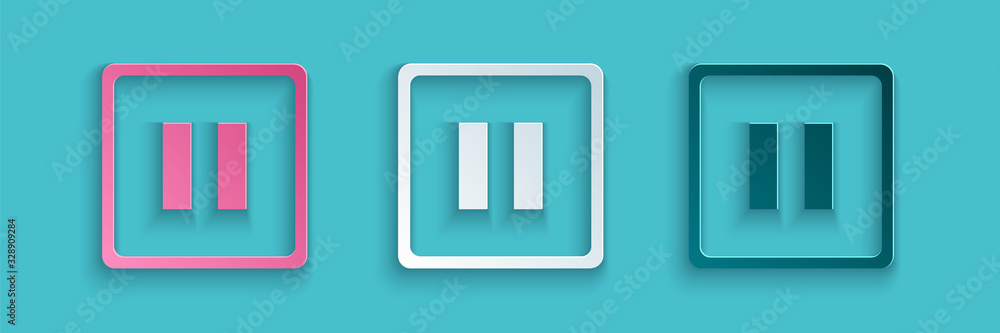 Paper cut Pause button icon isolated on blue background. Paper art style. Vector Illustration