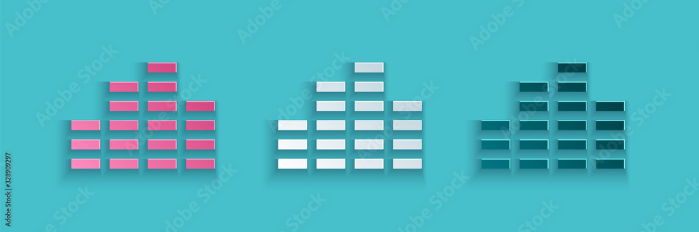 Paper cut Music equalizer icon isolated on blue background. Sound wave. Audio digital equalizer tech